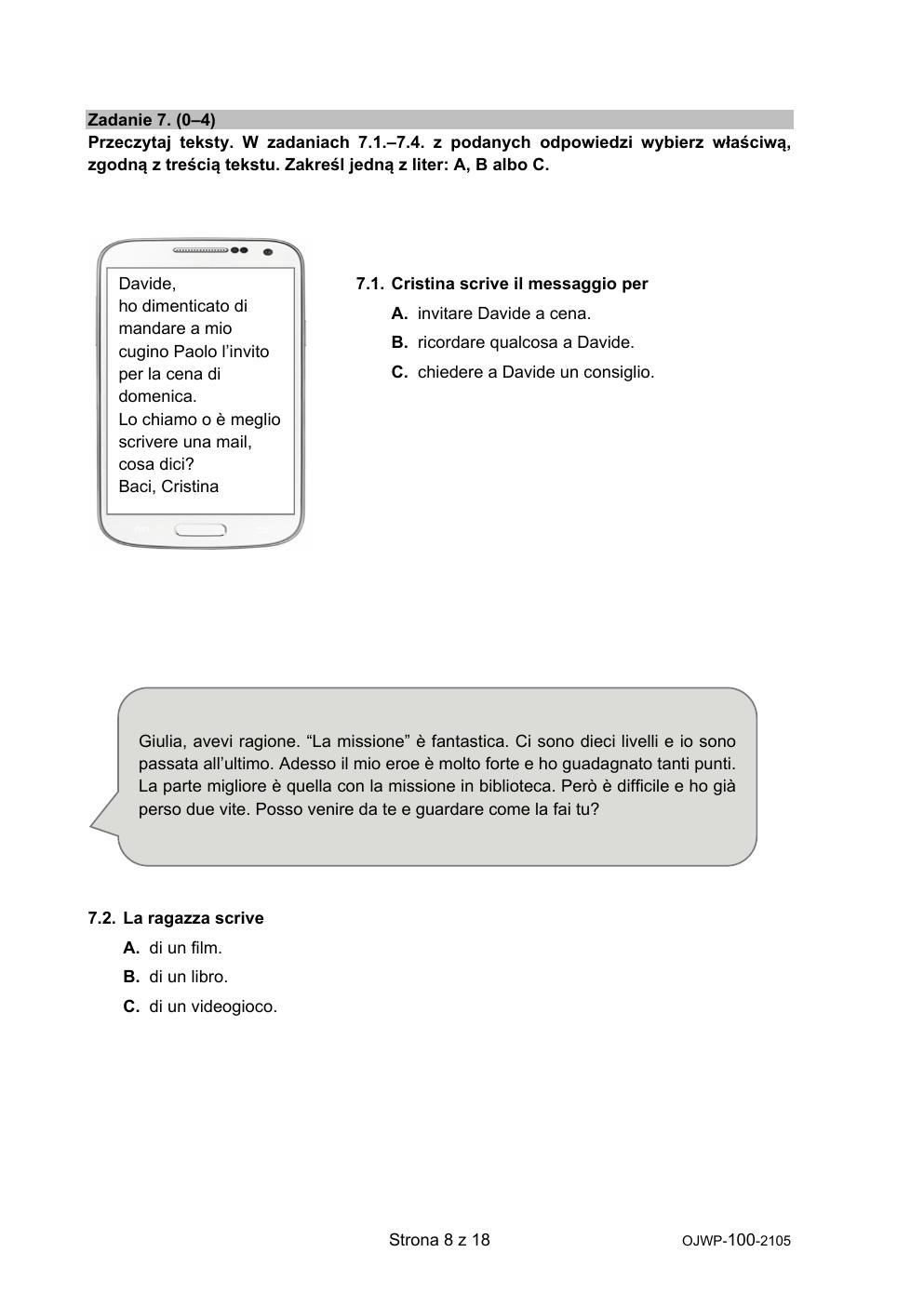 język włoski - egzamin ósmoklasisty 2021 - arkusz-08