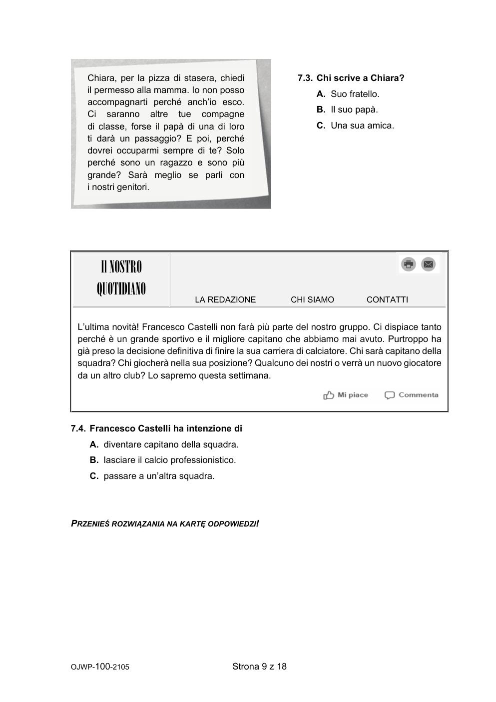 język włoski - egzamin ósmoklasisty 2021 - arkusz-09