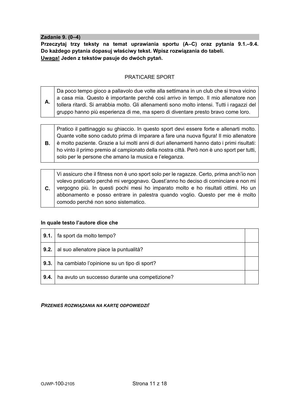 język włoski - egzamin ósmoklasisty 2021 - arkusz-11