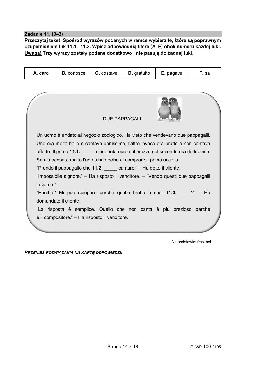 język włoski - egzamin ósmoklasisty 2021 - arkusz-14