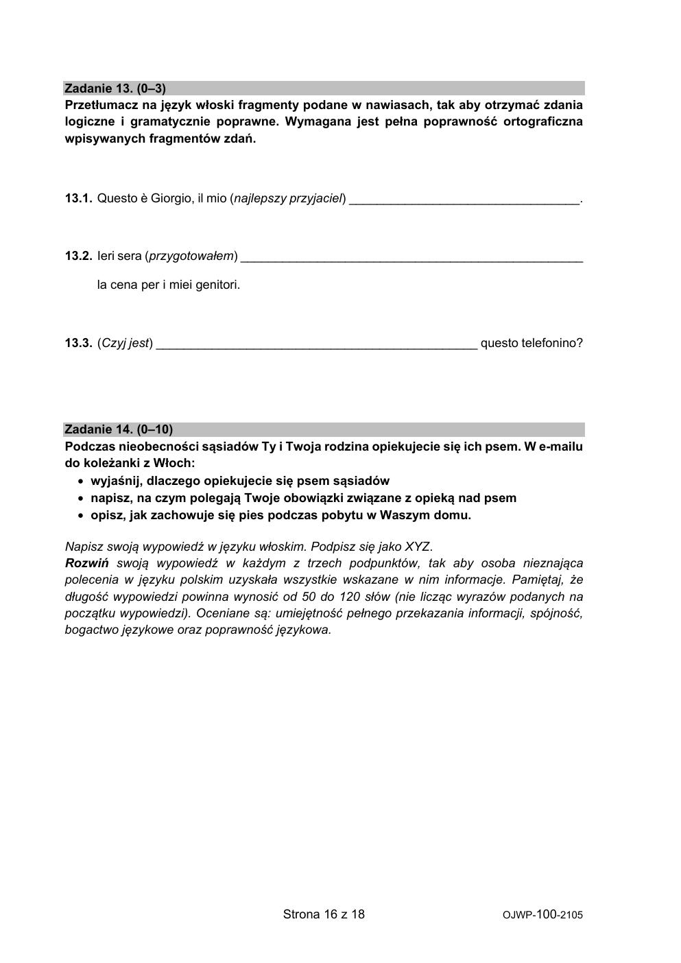 język włoski - egzamin ósmoklasisty 2021 - arkusz-16