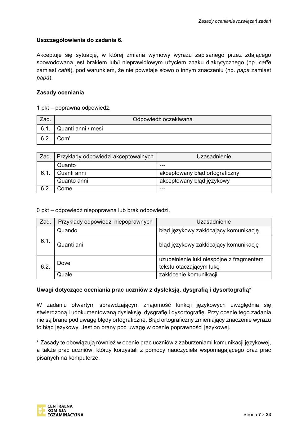 odpowiedzi - język włoski - egzamin ósmoklasisty 2021-07