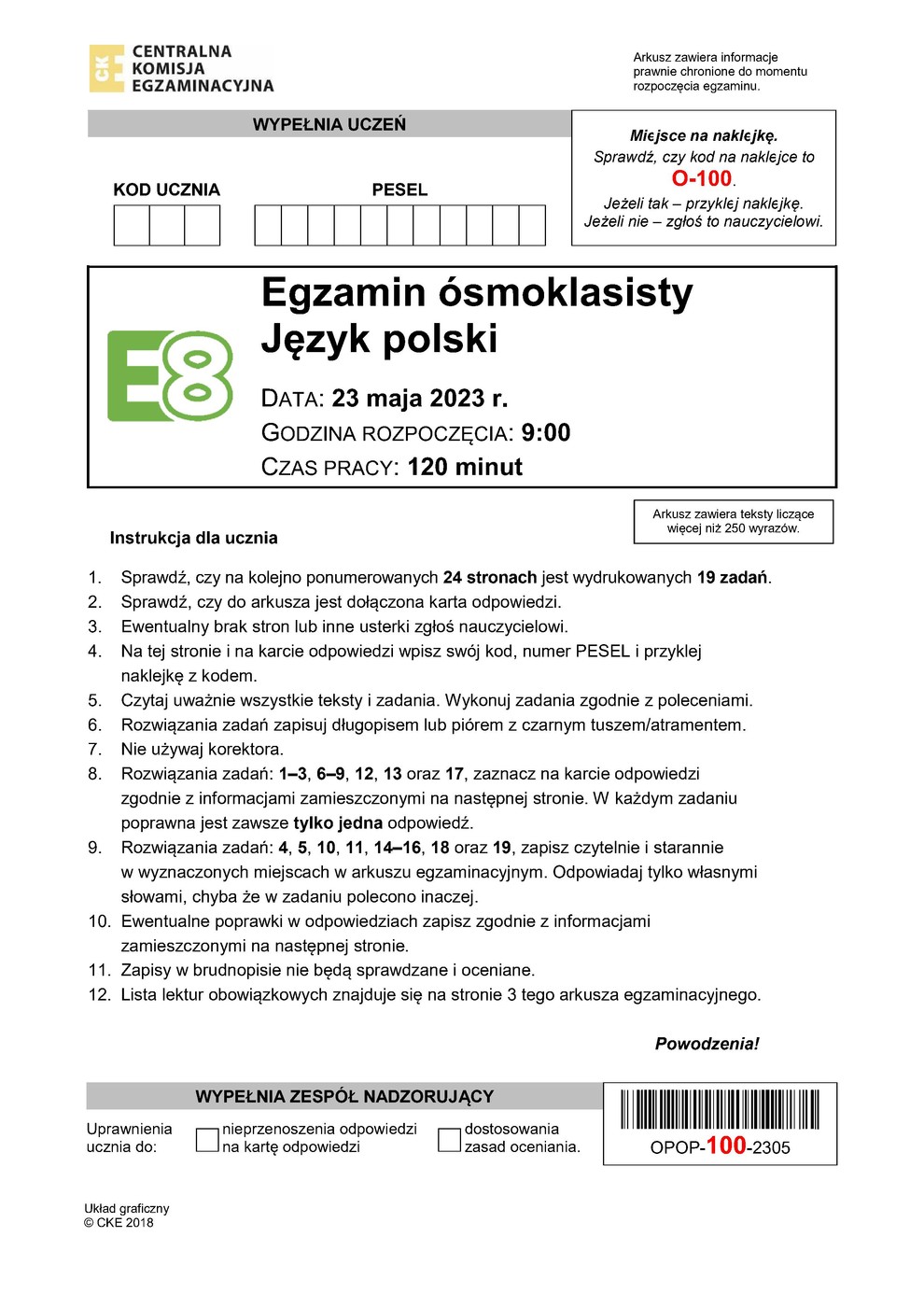 arkusz - język polski - egzamin ósmoklasisty 2023 - 0001